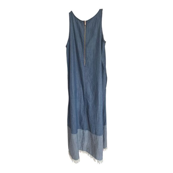 Hope & Harlow Denim Hi Low Tank Swing Dress Boho Fringe Hippie 2-tone Blue sz 12 - Picture 3 of 16